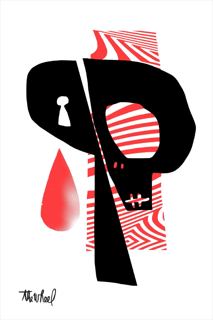 Abstract graphic of a stylized black skull with a keyhole, red patterns, and a red tear drop.