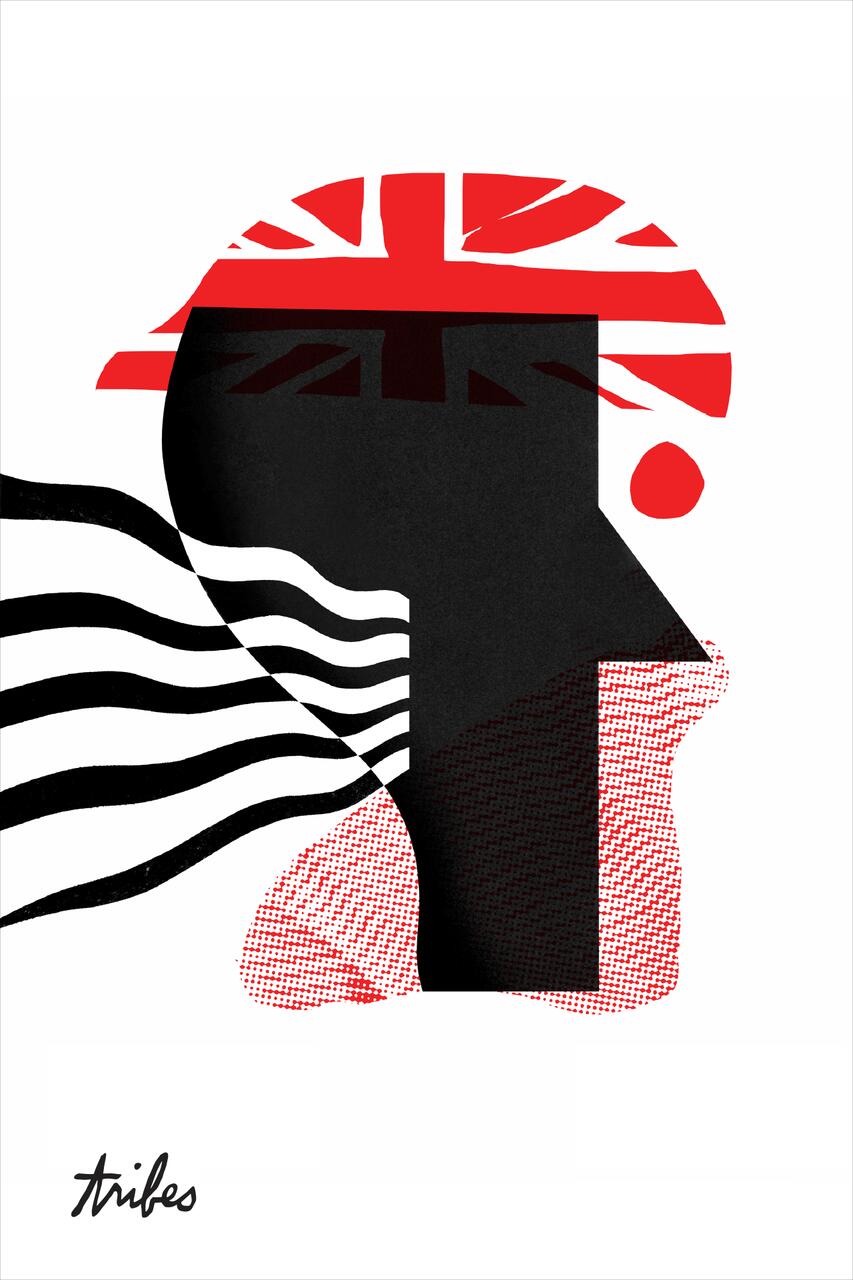 Abstract illustration of a head silhouette with the British flag inside, featuring bold black and red geometric shapes and wavy lines.