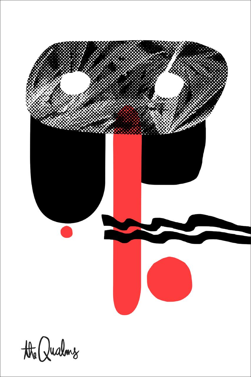 Abstract graphic with black and red shapes; two circles within a textured oval, a vertical red stripe, and wavy black lines. Signature reads "the Qualms" in the corner.