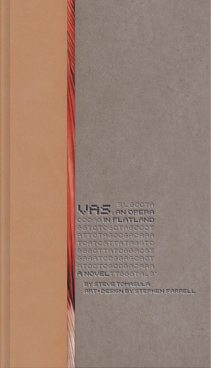 Book cover with a textured gray surface on the right and a beige spine on the left. A strip of red and orange abstract design separates the two sections. Text is imprinted on the gray area.