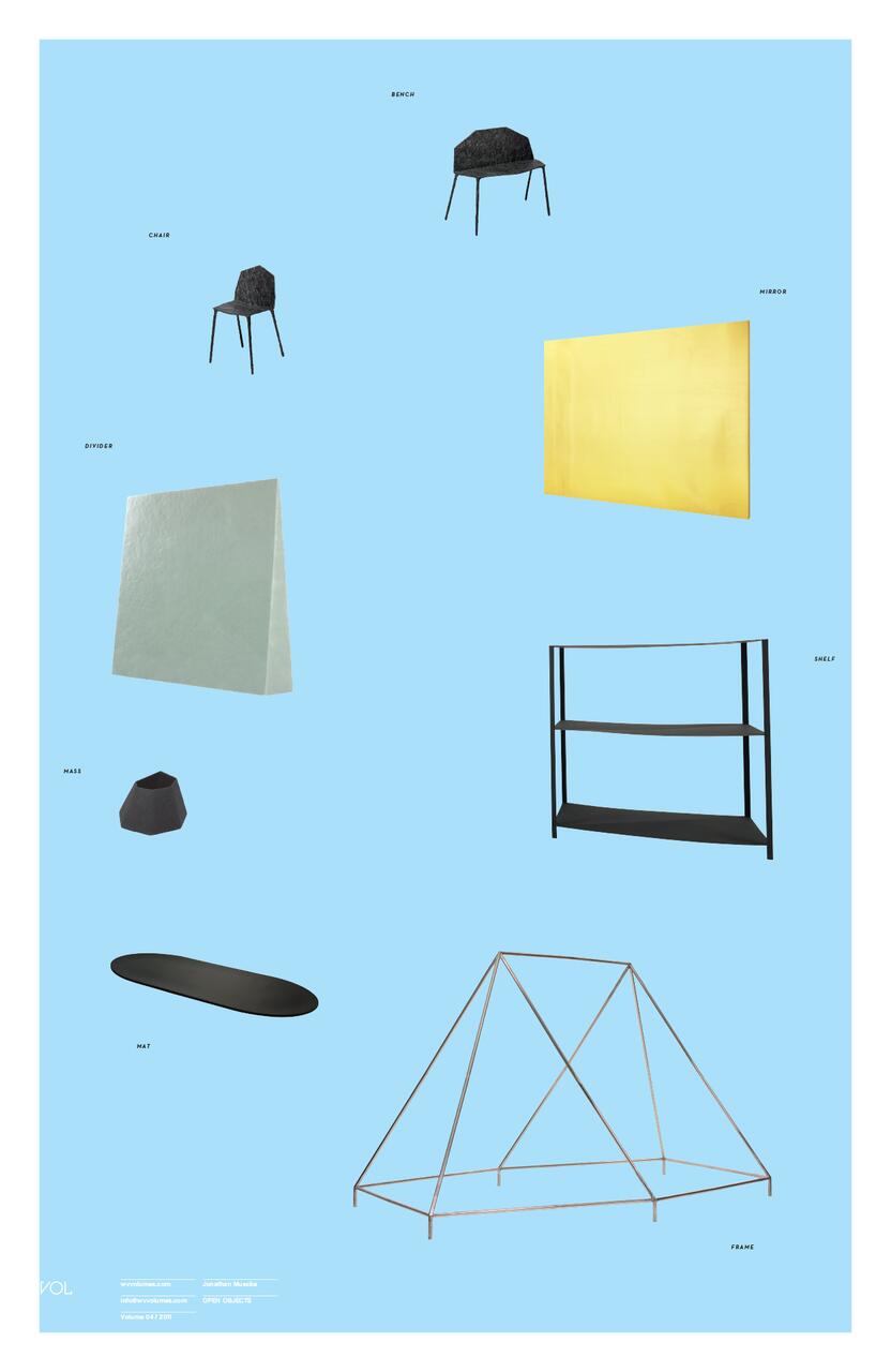 Various furniture and decor items, like a chair, bench, divider, mirror, shelf, mat, and frame, are arranged on a light blue background. Each item is shown in a simple, minimalist style.