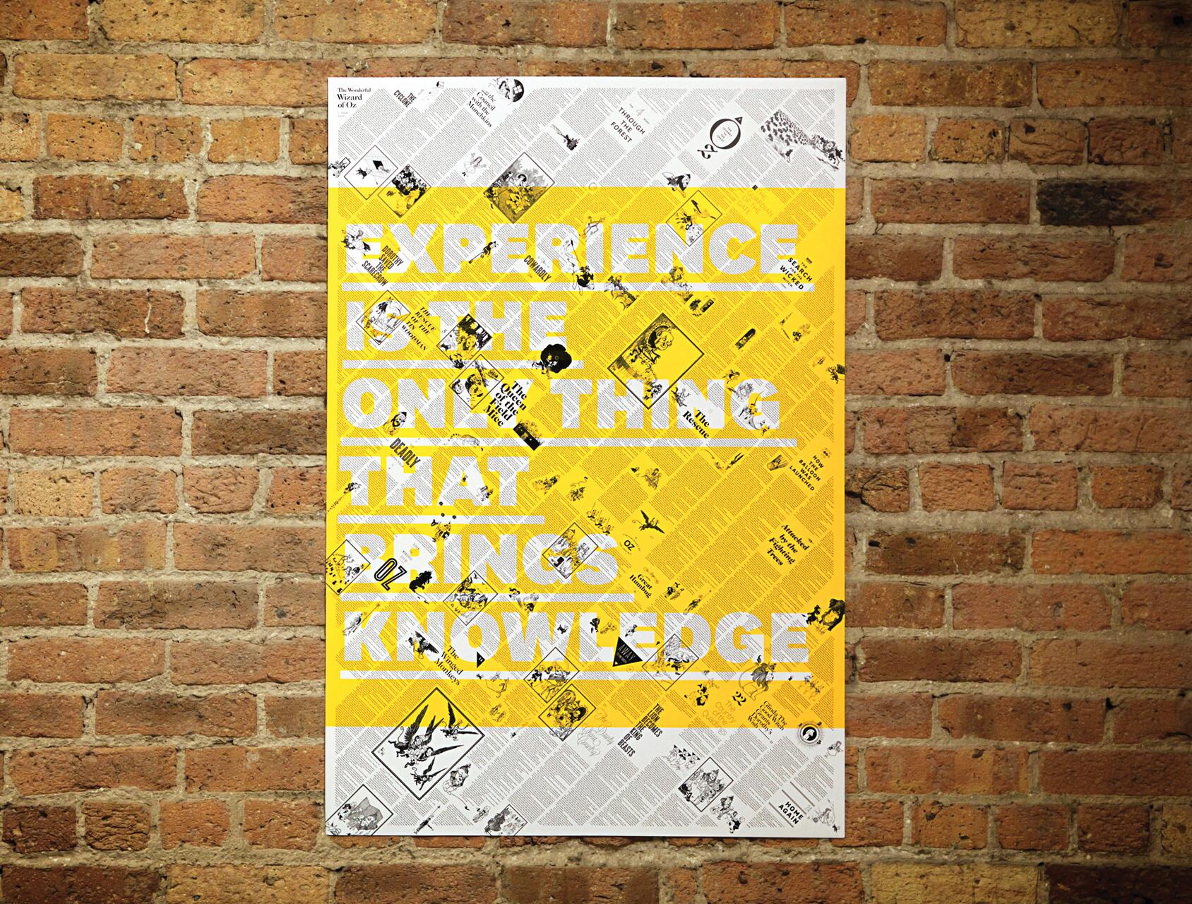 Poster of a quote on a brick wall, featuring a yellow and gray background with scattered illustrations.