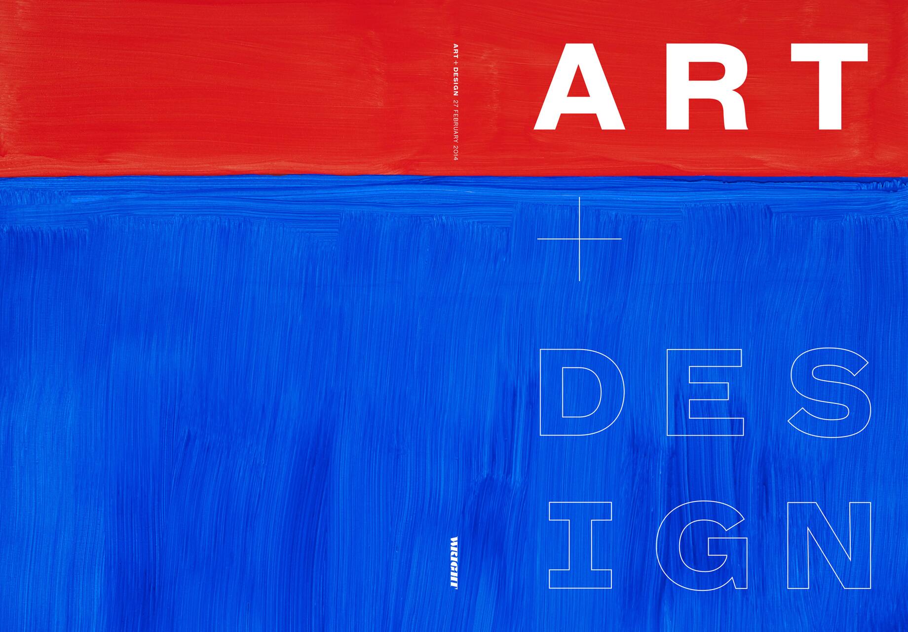 Bold red and blue abstract painting with the words "ART" and "DESIGN" in white text.