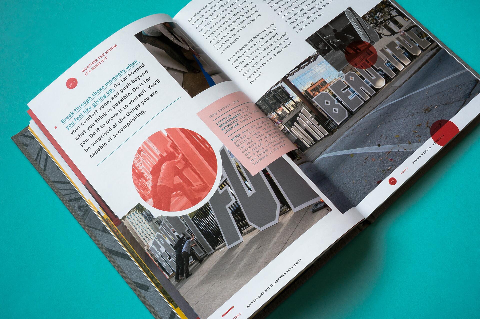 Open magazine on a turquoise background featuring a street art installation with large letters spelling "BEAUTIFUL," photos, and design elements in red accents.