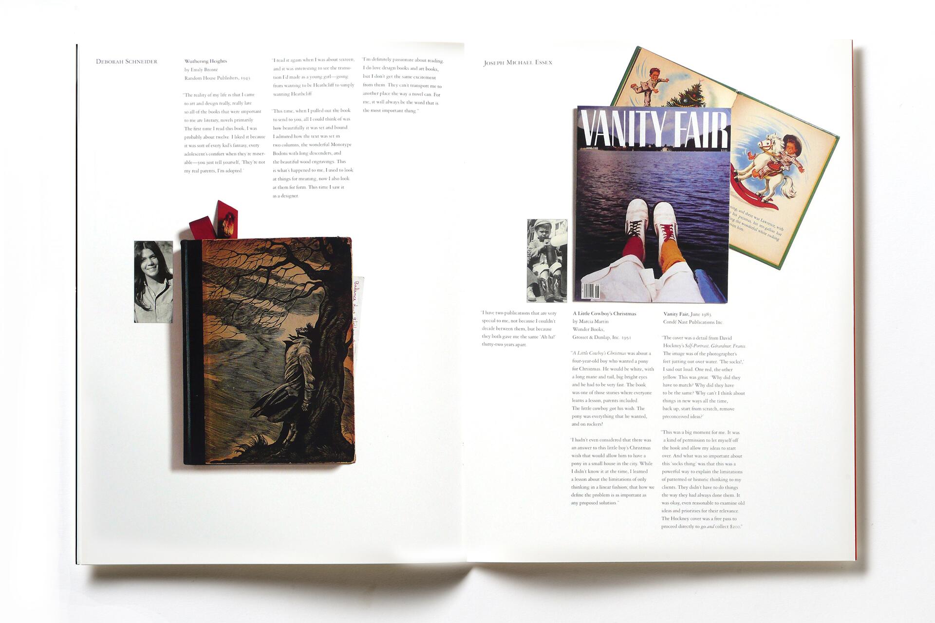 Open book displaying text, a black and white photo, an illustrated book cover with a tree and a person, and a magazine cover of "Vanity Fair" with legs and shoes visible. Additional illustrations and text are scattered around.