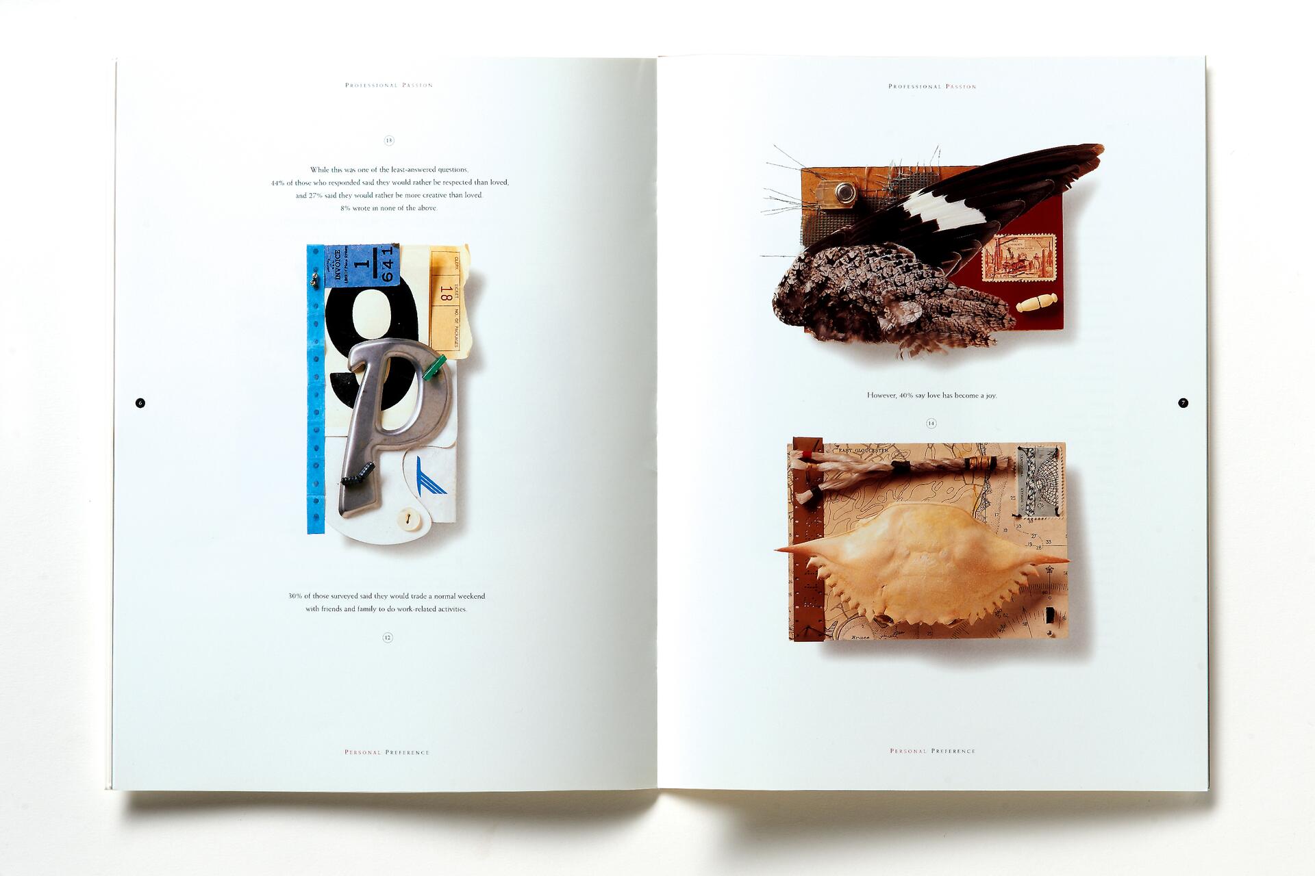 Open book spread showing abstract collages. Left page: blue ruler, tape, and letter "P". Right page: feathered object and a crab shell on maps. Text is interspersed between images.