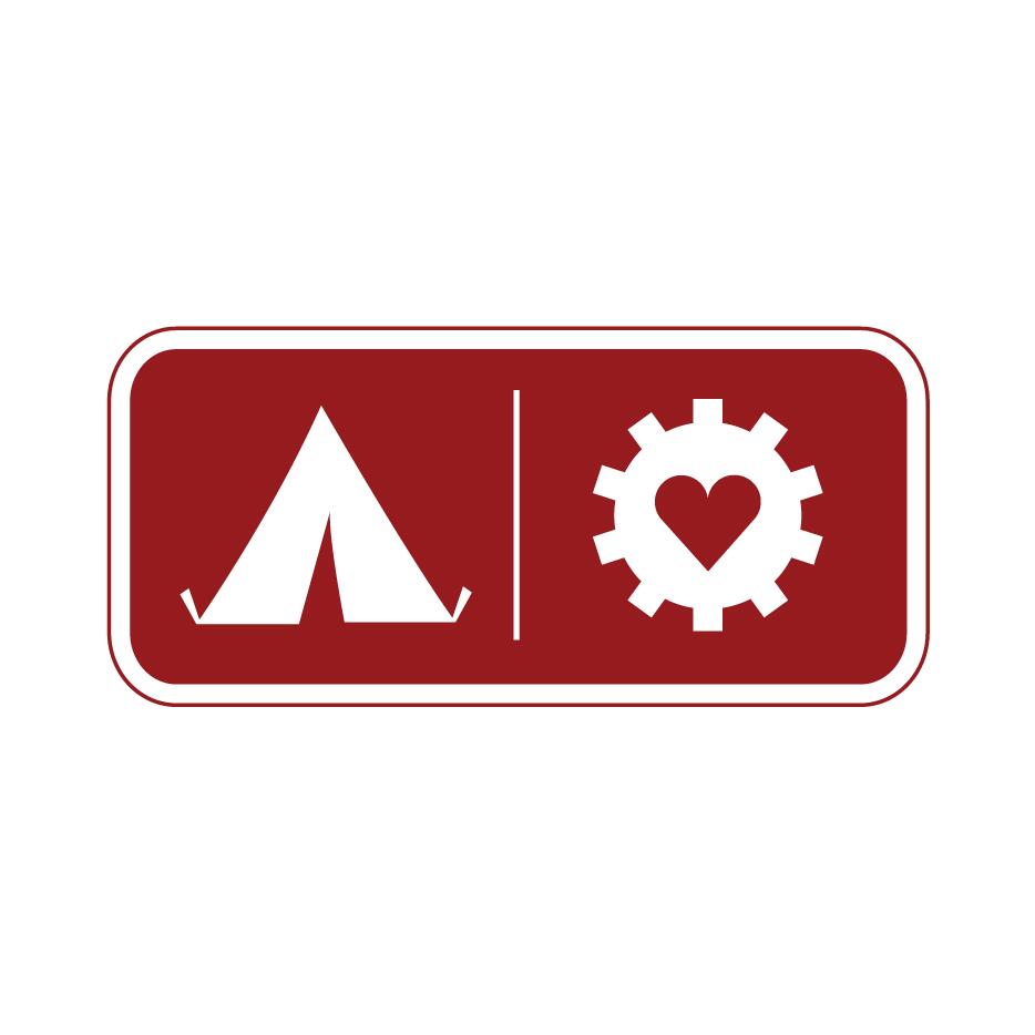 Red rectangular logo with a white tent icon on the left and a gear with a heart inside on the right, separated by a vertical line.