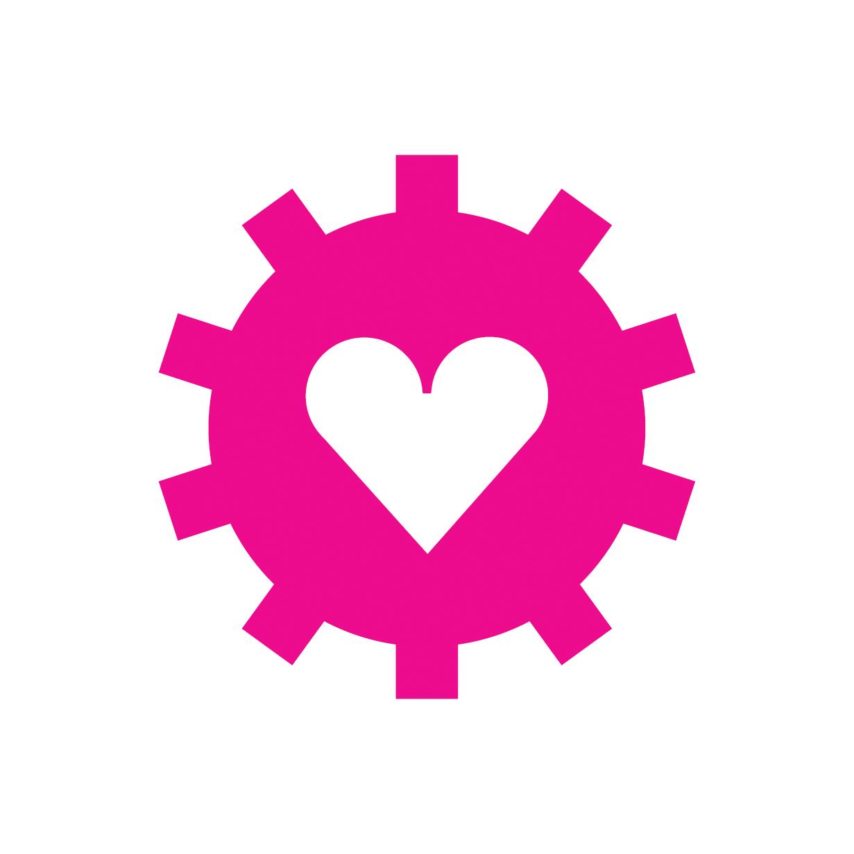 Pink gear with a white heart in the center on a white background.