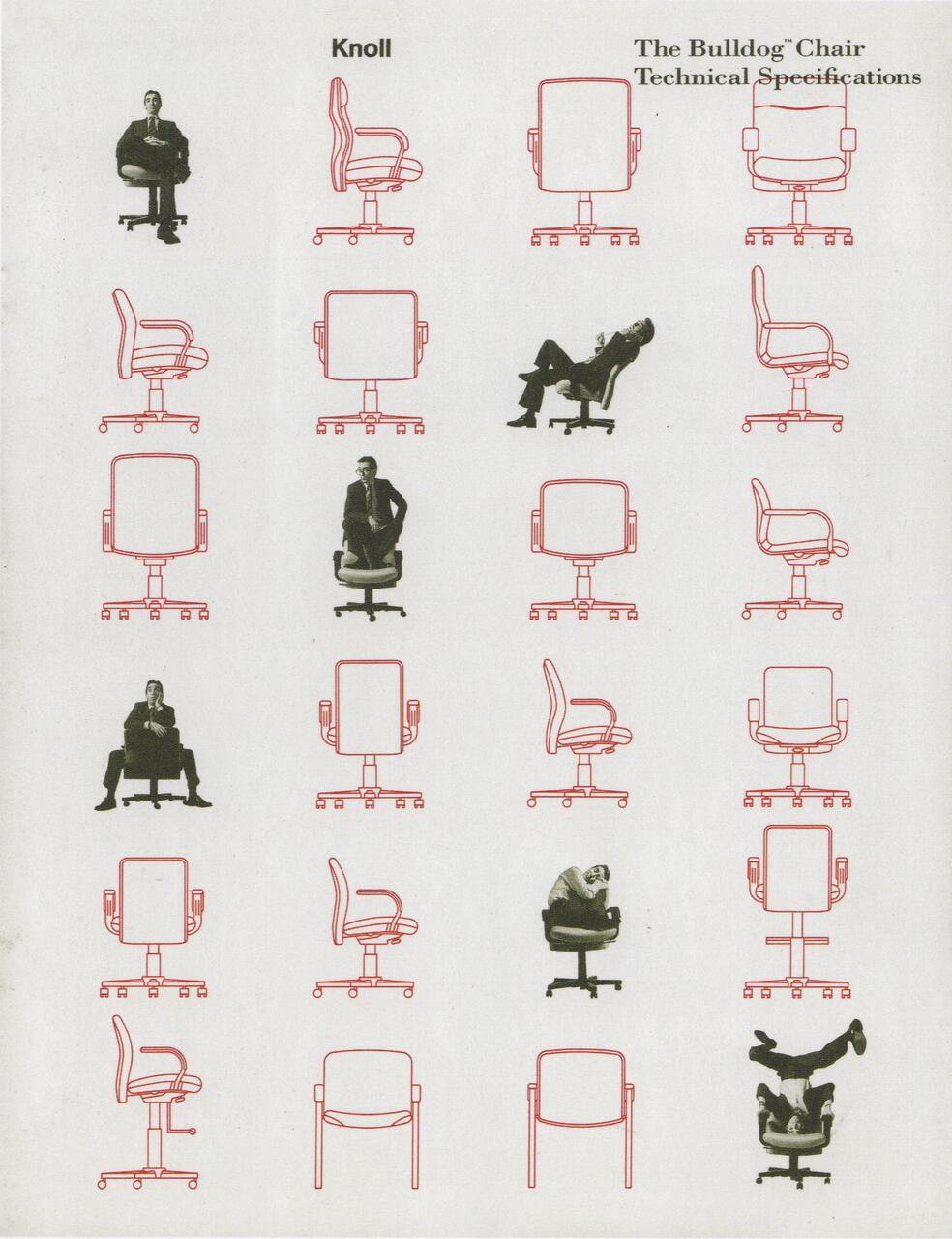 Grid featuring red line drawings of office chairs in various angles and black-and-white photos of a person in different positions on the chair. Chair specifications are titled "The Bulldog Chair Technical Specifications."