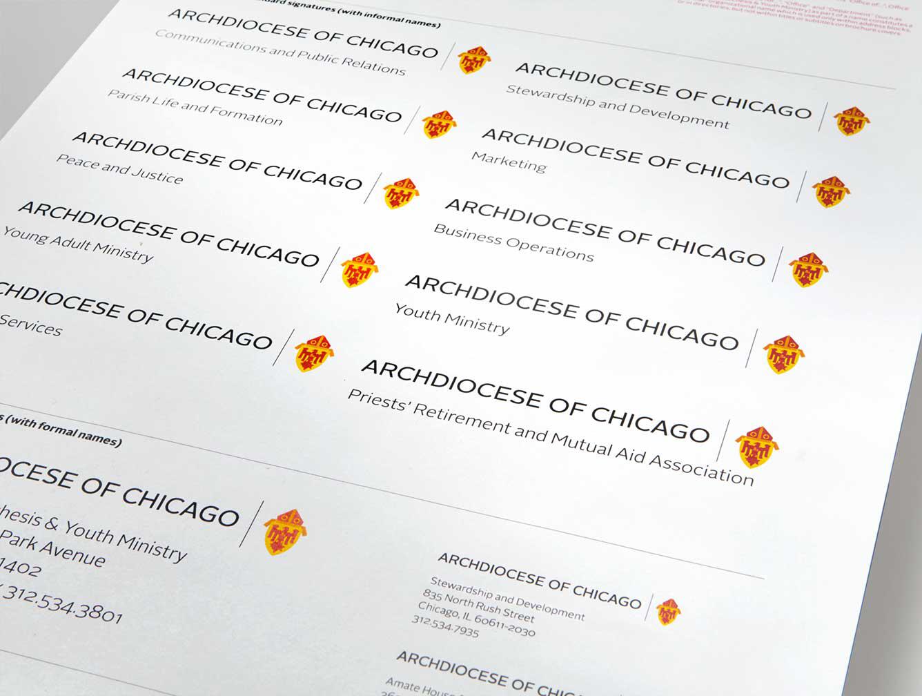Text-heavy document showing different departments under the Archdiocese of Chicago, each section with a shield logo in red and yellow. Departments include Communications and Public Relations, Youth Ministry, Peace and Justice, among others, displayed in neat rows.