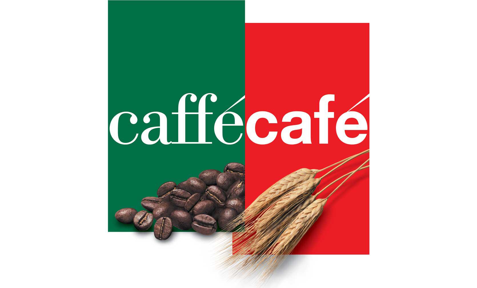 Two rectangular color blocks, green and red, with the words "caffé" and "cafe" in white overlaid. Coffee beans are on the green side and wheat stalks on the red side.