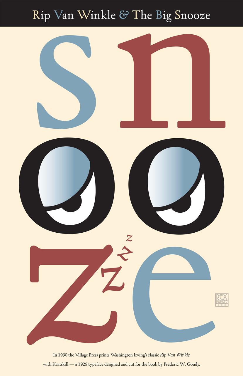 Stylized graphic of the word "snooze" with the letters "oo" designed as sleepy eyes. The background is beige with a dark top border featuring text about Rip Van Winkle.