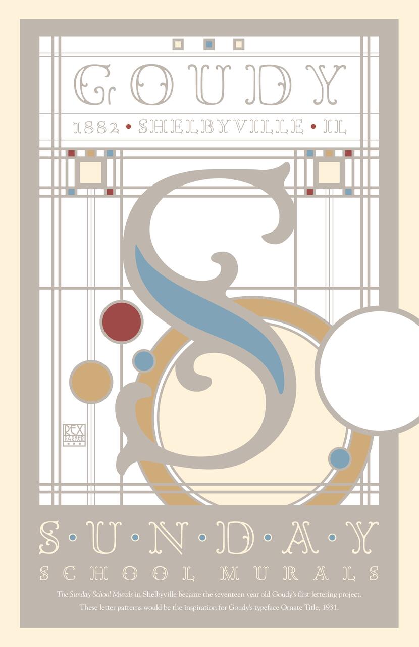 Art nouveau style poster featuring decorative text "Goudy Sunday School Murals" with a prominent stylized letter "S" in pale blue and beige against a geometric background.