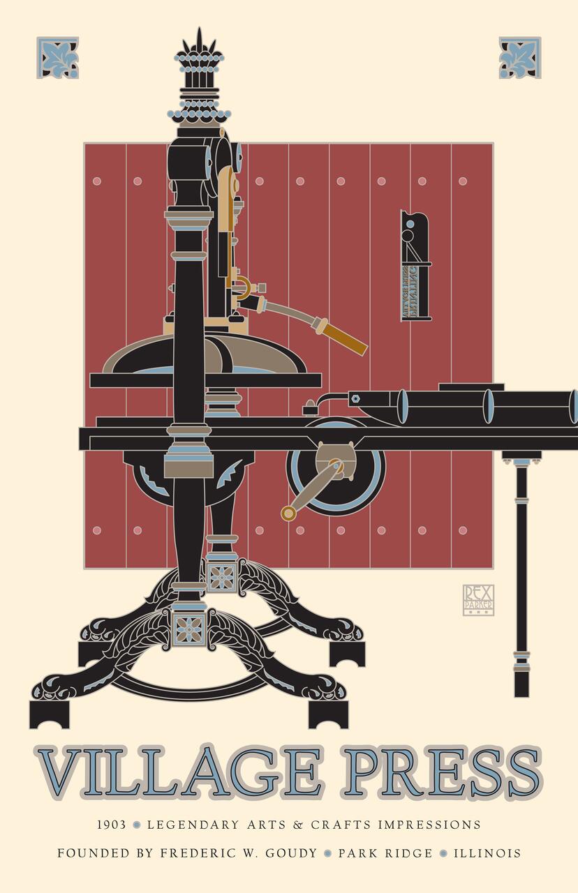 Vintage-style illustration of a printing press with ornate details against a red and beige backdrop, labeled "Village Press".