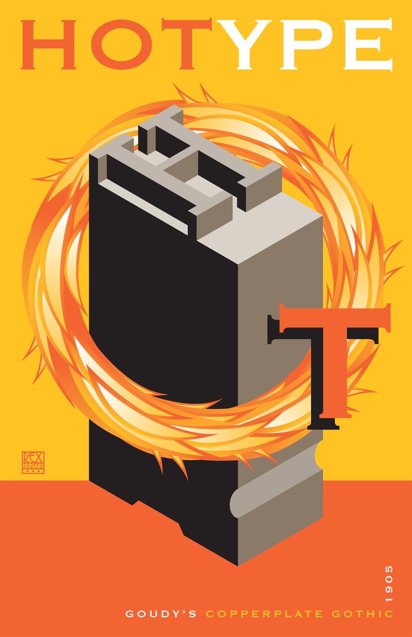 A bold graphic design featuring a large, stylized printing press block with an orange and yellow flame-like swirl around it. The background is bright yellow with the word "HOTYPE" at the top, emphasizing the letter "T" in the foreground.