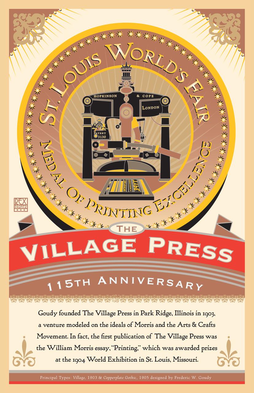 Poster celebrating the 115th anniversary of The Village Press. Central design features a vintage printing press surrounded by the text "St. Louis World's Fair Medal of Printing Excellence." The bottom includes historical context about the press's founding.