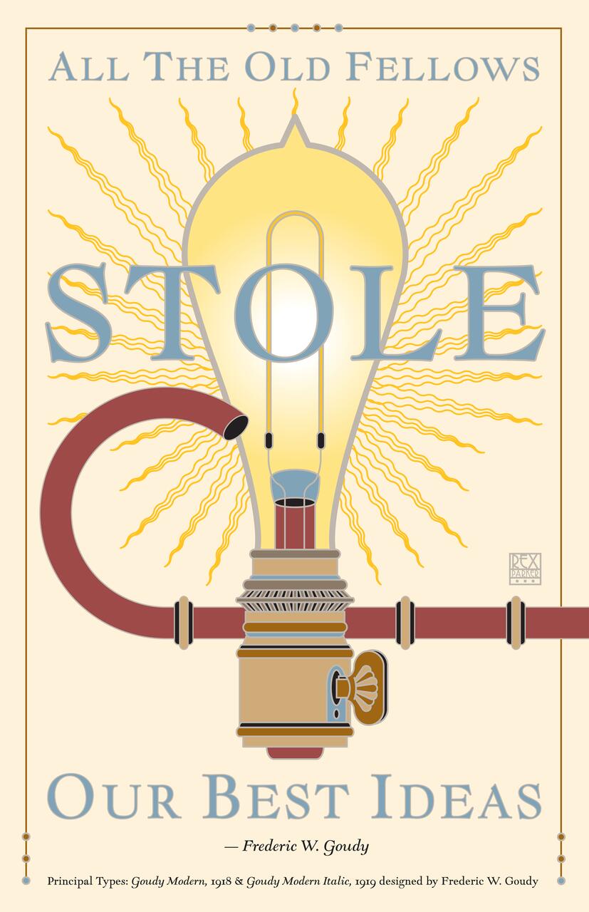A stylized light bulb with sunburst rays and a brown pipe connected to the base, surrounded by decorative text in Goudy Modern typeface.
