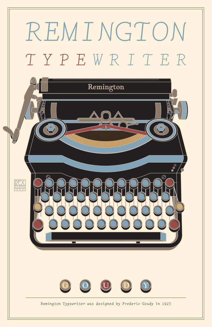 Illustration of a vintage Remington typewriter with colored keys on a beige background, featuring artistic lettering and design elements.