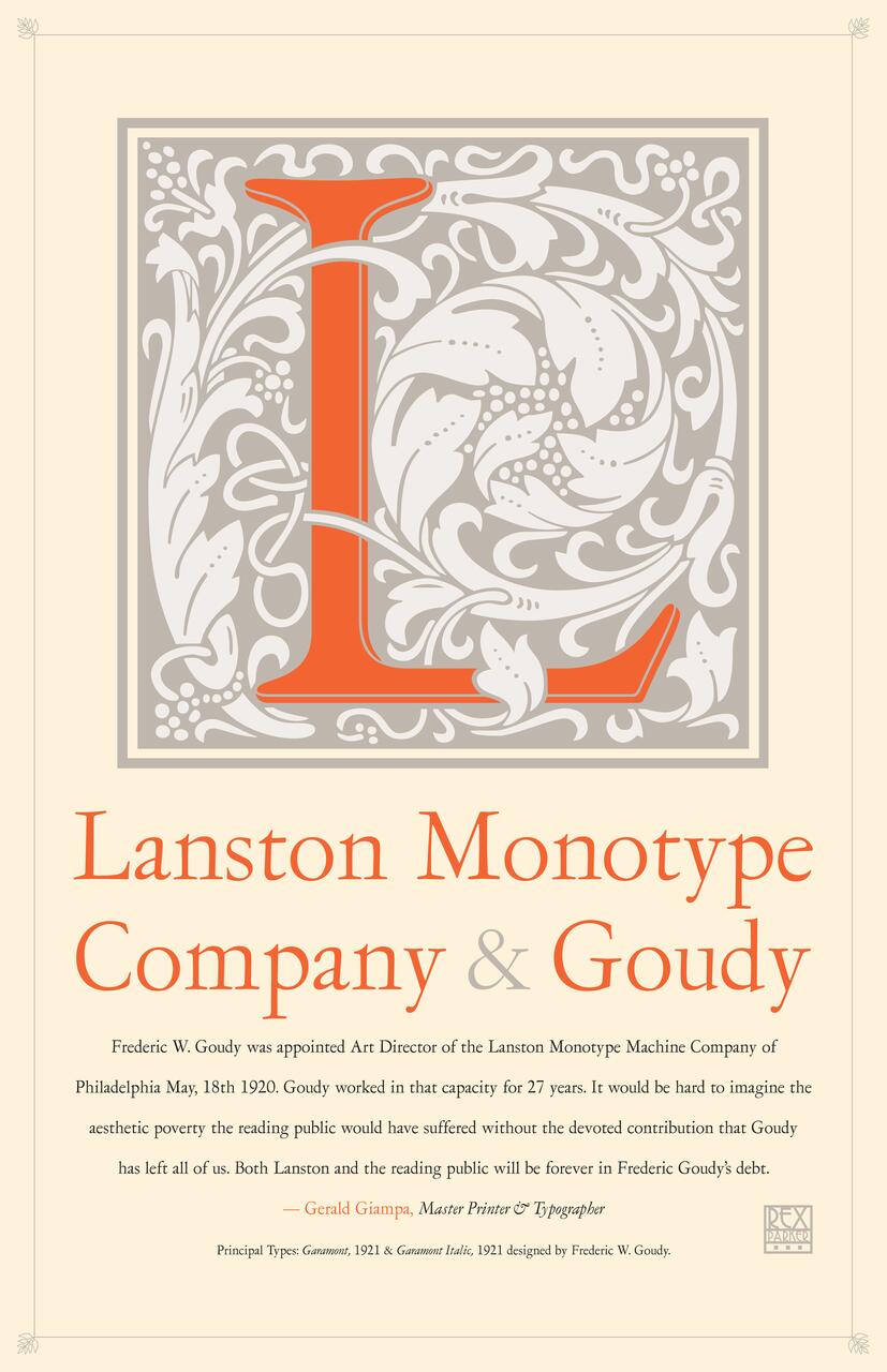 Ornate letter "L" in orange with swirling gray and white floral patterns, above bold text "Lanston Monotype Company & Goudy." Below is a tribute highlighting Frederic W. Goudy's contributions to typography.