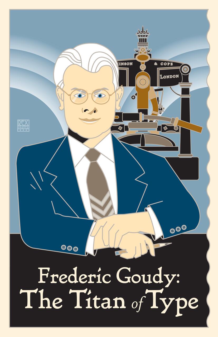 Illustration of a man in a blue suit and glasses, with arms crossed, standing in front of a vintage printing press labeled "Vandercook & Cope, London." The background is stylized with blue and beige.