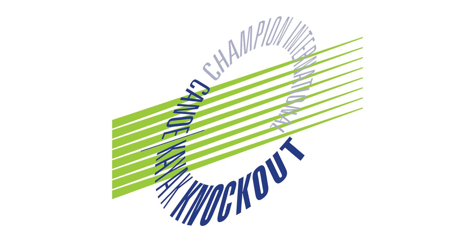 Logo featuring the text "Canoe Kayak Knockout Champion International" in a circular design with blue and green diagonal lines across the center.