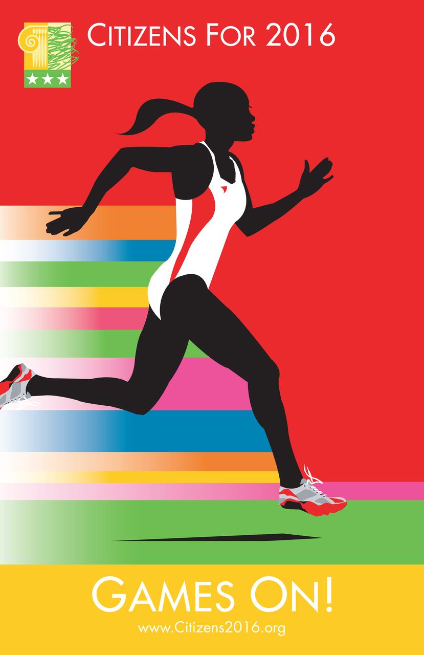 Silhouette of a runner in motion with a colorful striped background on a red field, wearing a white athletic outfit and red shoes. Text reads "Games On!" with a website link below.