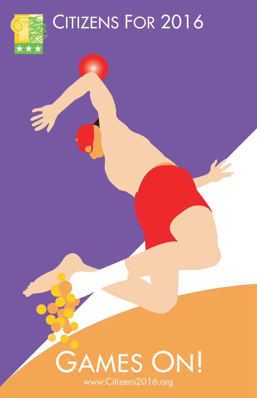 Abstract poster featuring a stylized athlete in motion against a purple and orange background. The athlete is wearing red shorts, bending forward, holding a red ball, and appears dynamic and energetic.
