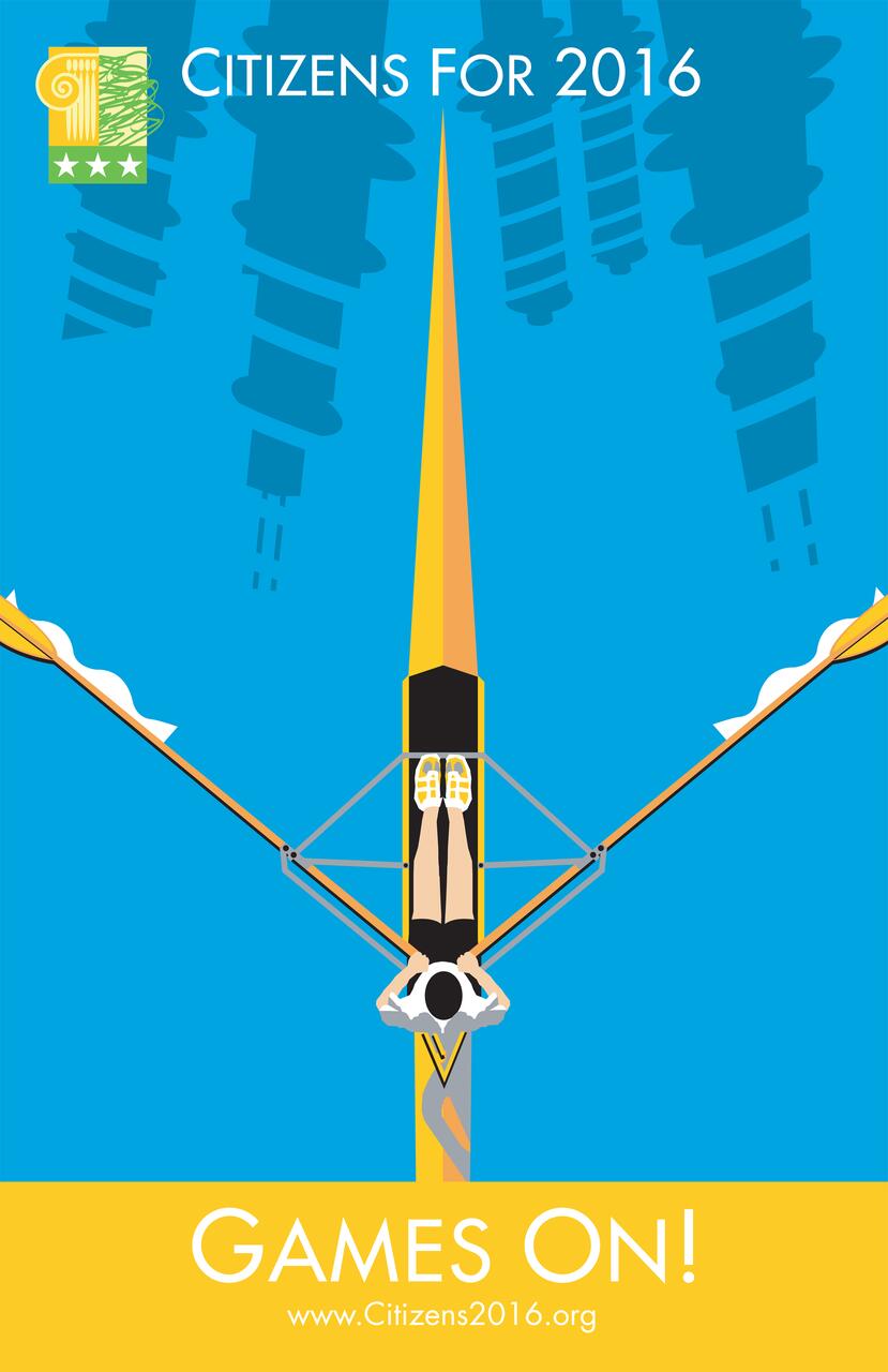 A stylized graphic of a rower from above, with oars in motion on a bright blue background. Upper text reads "Citizens For 2016" and lower text states "Games On!" with a website link.