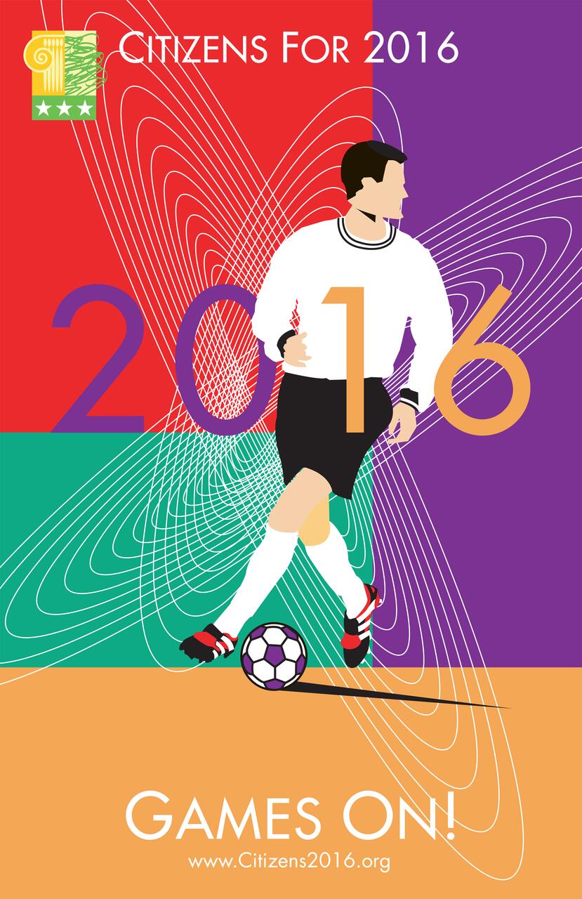 A colorful graphic poster features a soccer player in a white shirt and black shorts, dribbling a ball, with dynamic white lines behind. The year "2016" is large and bold, crossed by the player, on a vibrant red, green, and purple background.