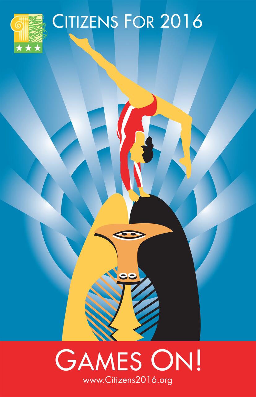 A gymnast in a red and white leotard performs a handstand on a stylized abstract sculpture with a blue radial background. The poster includes text and a website link at the bottom.