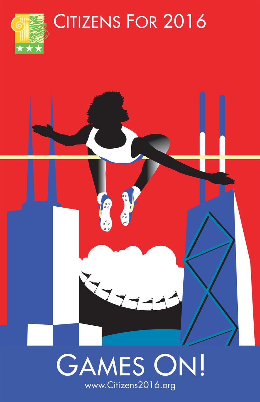 Athlete jumping over a high bar with red background, stylized city skyline beneath, and text "Games On!" at the bottom.