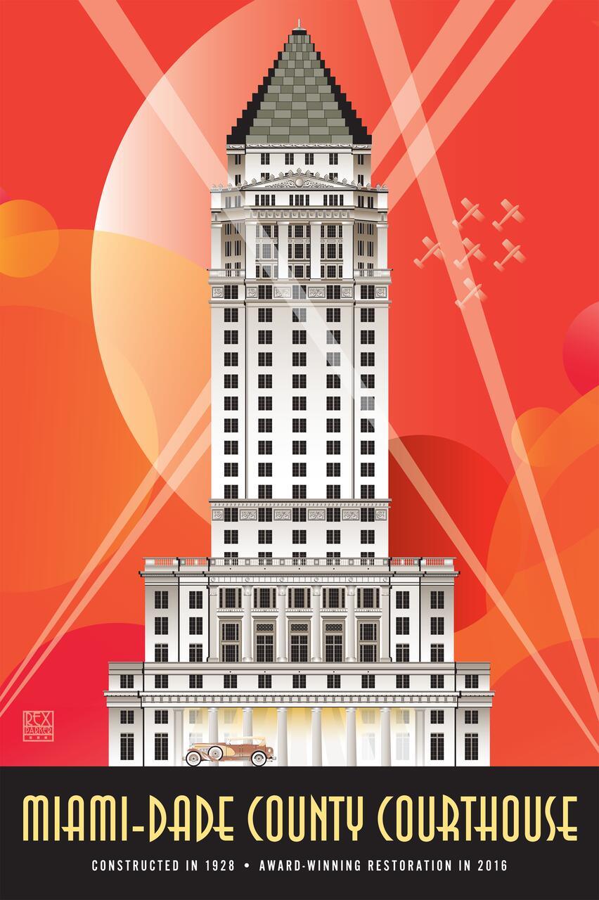 Illustration of the Miami-Dade County Courthouse against a vibrant red and orange background, featuring Art Deco architecture with a layered, pointed roof, and a vintage car in front. Airplanes fly diagonally across the sky.
