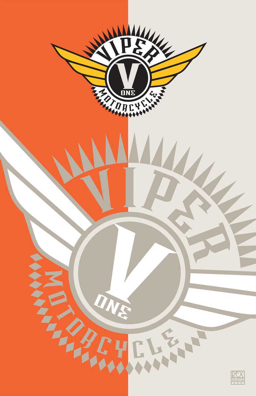 Viper One Motorcycle logo with stylized winged emblem in black, yellow, and grey on split orange and cream background.