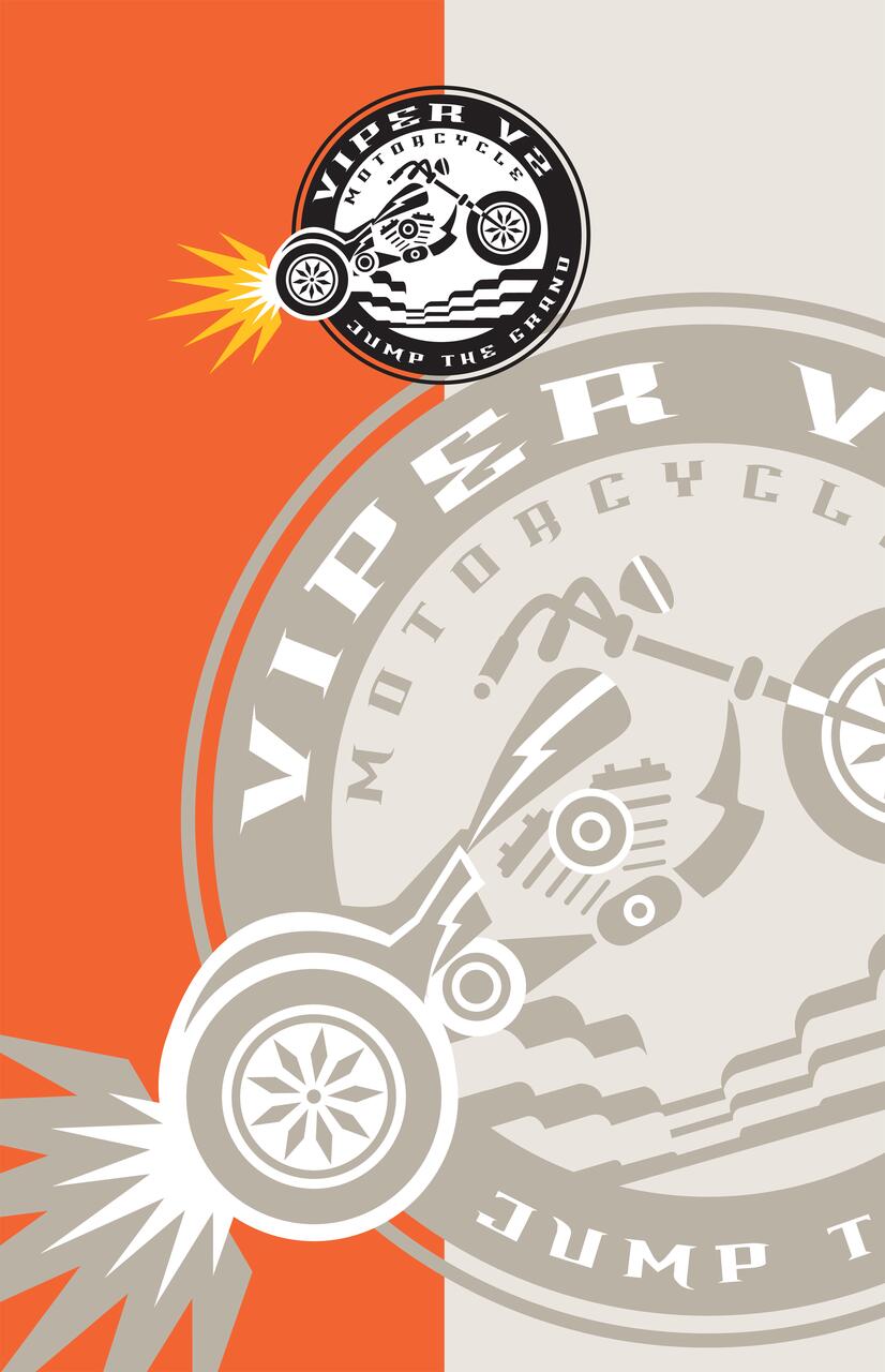 Stylized motorcycle graphic with a circular logo featuring a bike and text. The design includes bold orange and beige sections with starburst accents.