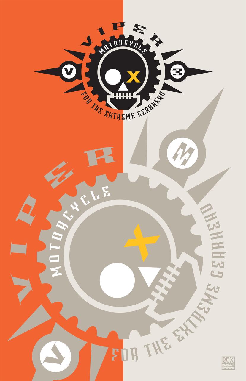 Graphic depicting a stylized skull and gear design, with the words "Viper Motorcycle" and "For the Extreme Gearhead." The image features contrasting colors of orange, black, and gray.