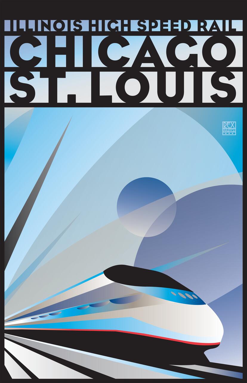 Abstract graphic of a sleek, modern high-speed train with blue and silver colors speeding along tracks, set against a blue sky with a stylized sun or moon. Bold text above references high-speed rail travel between Chicago and St. Louis.