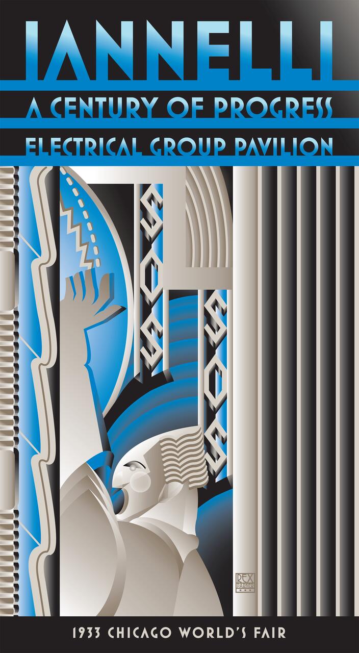 Art Deco poster for the 1933 Chicago World's Fair, featuring abstract geometric designs and stylized human figures in blue, black, and beige tones.