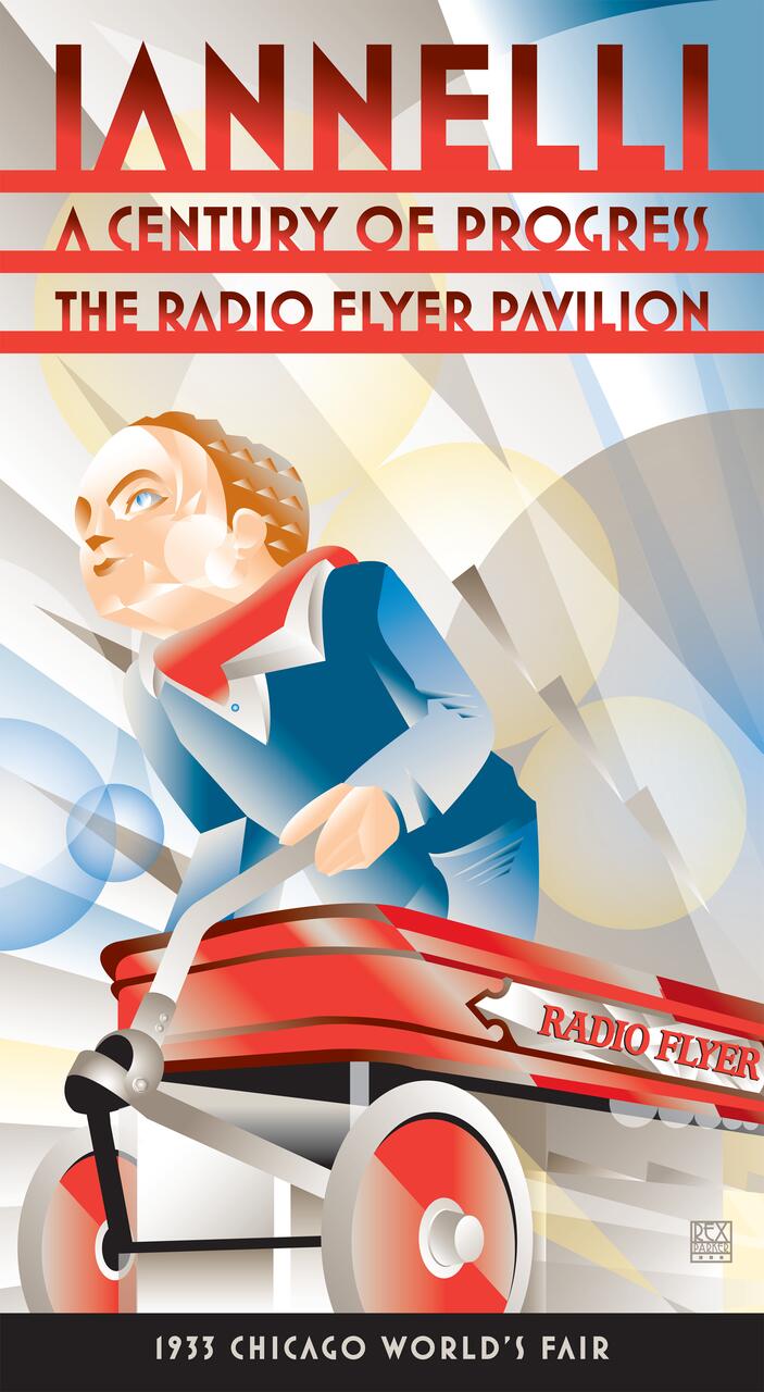 Art Deco style poster featuring a child riding a red Radio Flyer wagon, with geometric shapes in the background, promoting the Radio Flyer Pavilion at the 1933 Chicago World's Fair.
