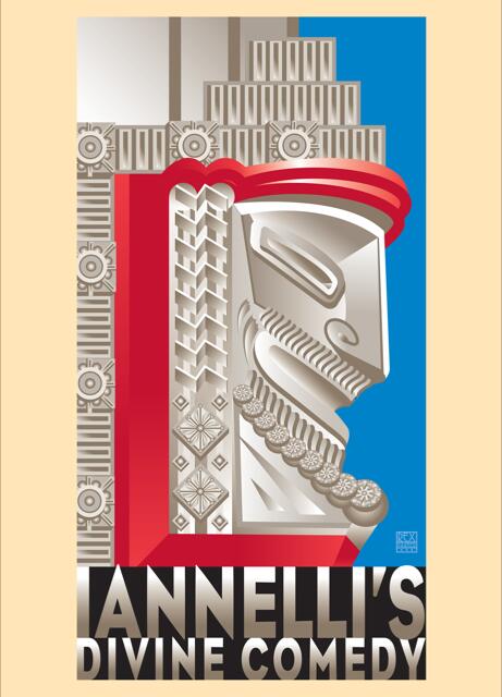 Stylized illustration of an ornamental sculpture in profile with geometric patterns in red, silver, and blue tones, accompanied by bold text at the bottom.