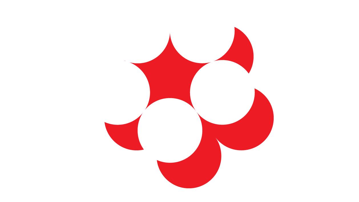 Red graphic with circular shapes radiating from a center point, forming a star-like pattern against a white background.