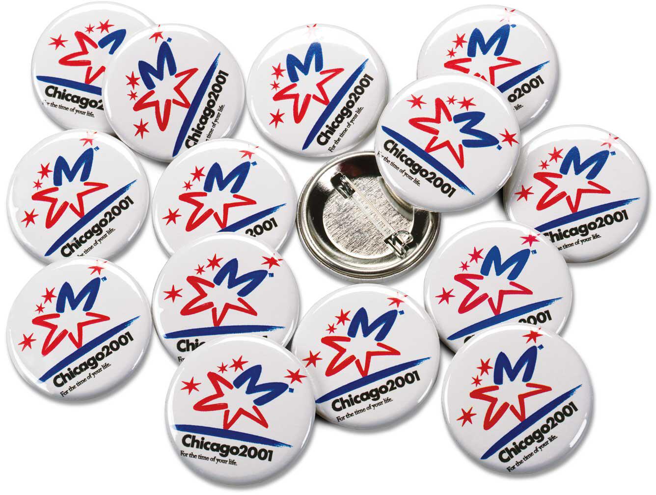 Buttons with "M" and star design in red and blue, labeled "Chicago 2001," with some showing pinbacks.