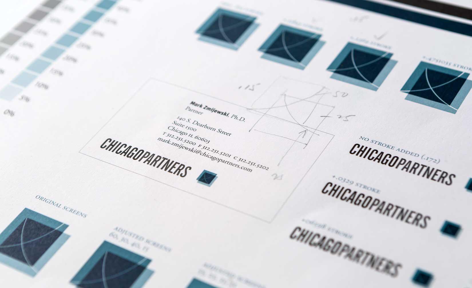 Design layout featuring color swatches, a business card with contact details, and logo sketches for "Chicago Partners" on a white background.