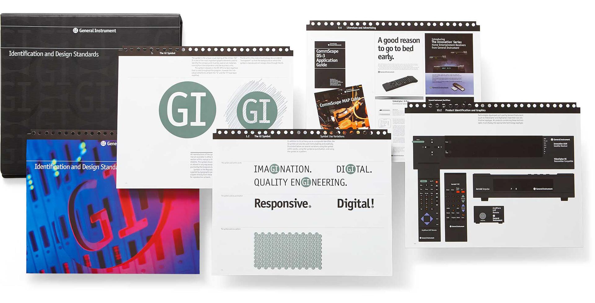 Collection of General Instrument design standards documents, including a dark binder, brightly colored page with "GI" text, and pages featuring product graphics, marketing materials, and typography samples.