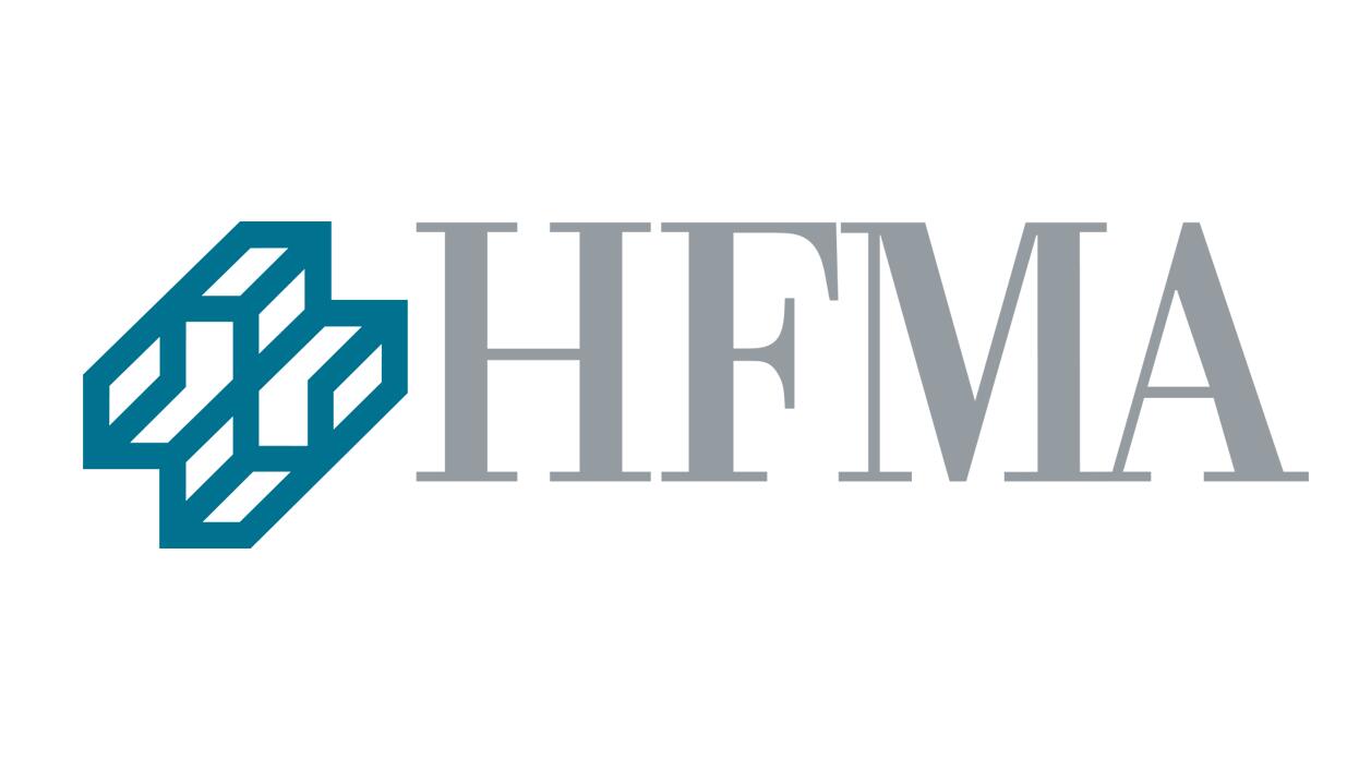 HFMA logo featuring bold, angular blue shapes on the left and grey serif text on the right.