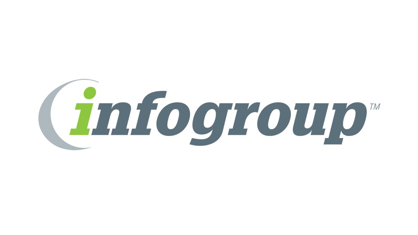 Infogroup logo with grey text and a green lowercase "i" slightly overlapped by a grey crescent.