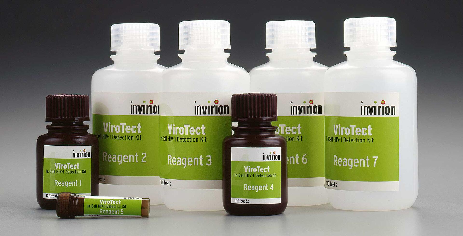 ViroTect In-Cell HIV-1 Detection Kit with various reagent bottles and vials, labeled Reagents 1 through 7, in different sizes and colors, set against a neutral background.