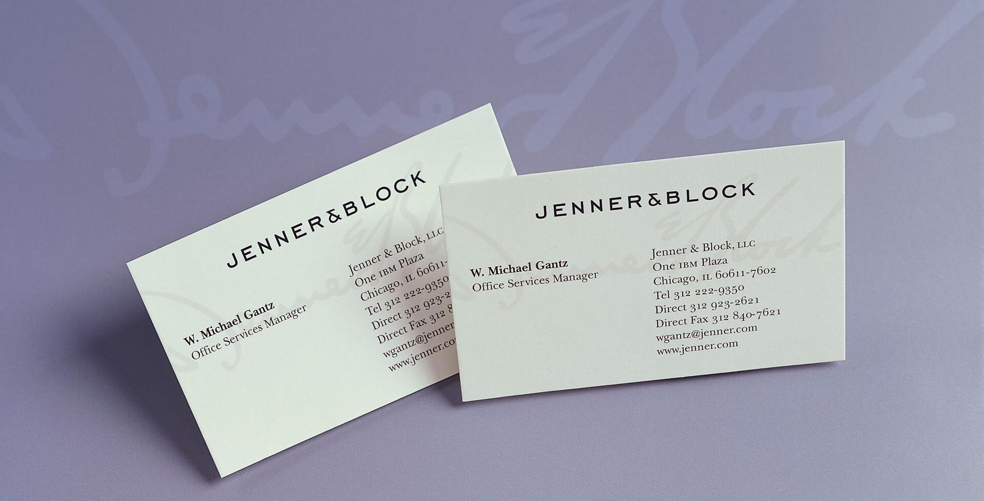 Two business cards for "Jenner & Block," featuring the name "W. Michael Gantz," Office Services Manager, with contact information, on a purple background.