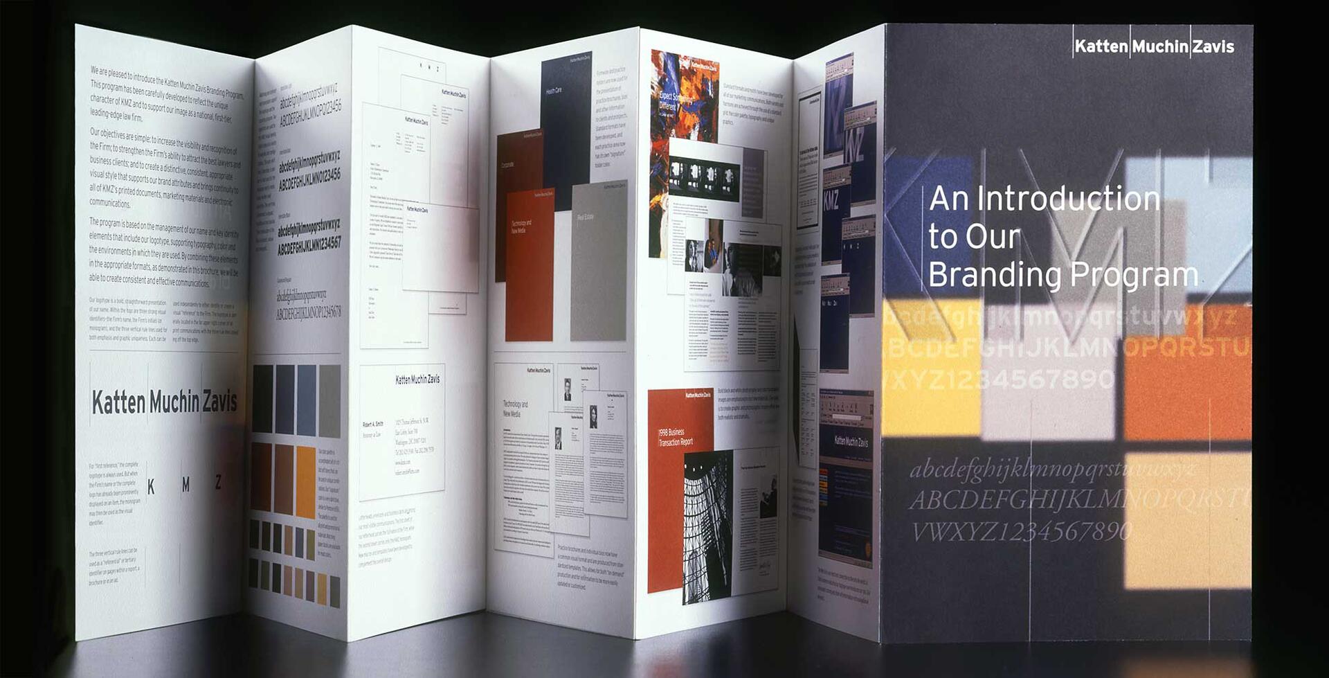 Brochure displaying multiple pages of a branding program for Katten Muchin Zavis, featuring color palettes, typography samples, and document layouts. The cover includes abstract color blocks and text introducing the branding program.