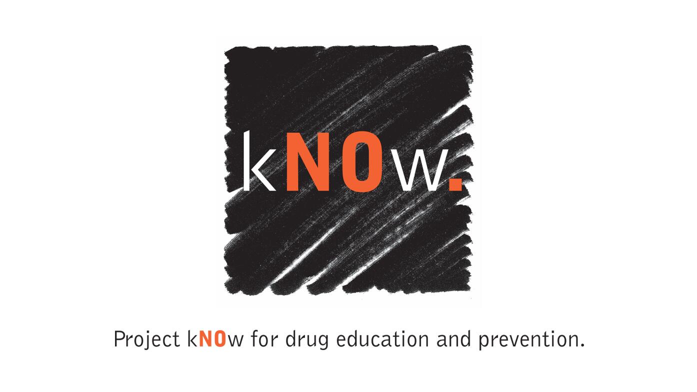 Text graphic with "kNOW." in bold orange and white font against a dark, textured background. Below, smaller text reads, "Project kNOW for drug education and prevention."