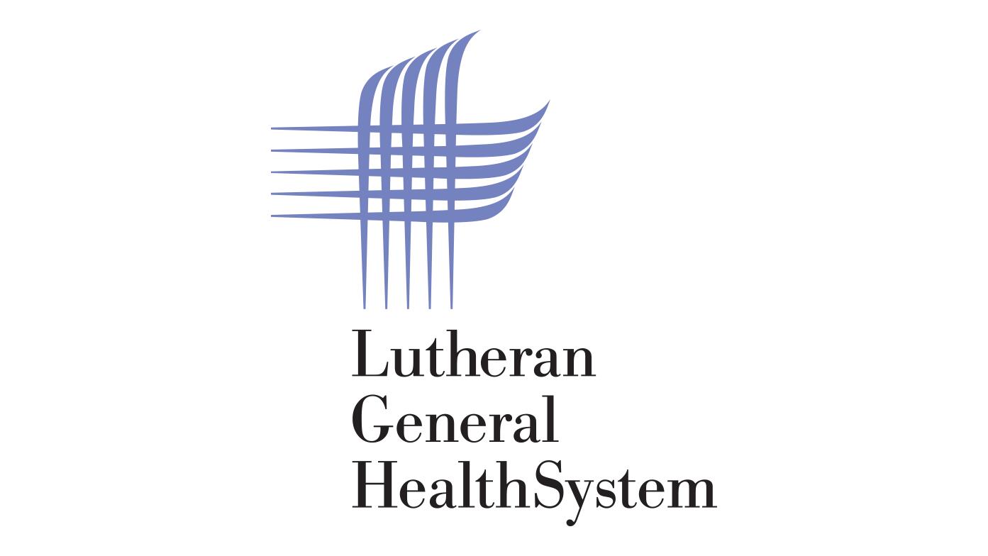 Abstract blue cross logo with slanted lines, reading "Lutheran General HealthSystem" below.